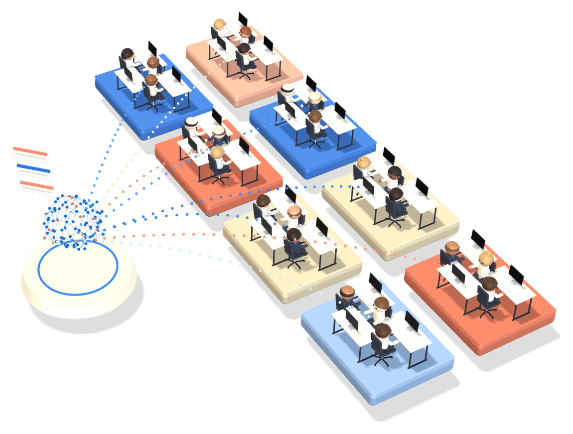An organisation of team pods in rows, run from one governed catalogue and shared brain