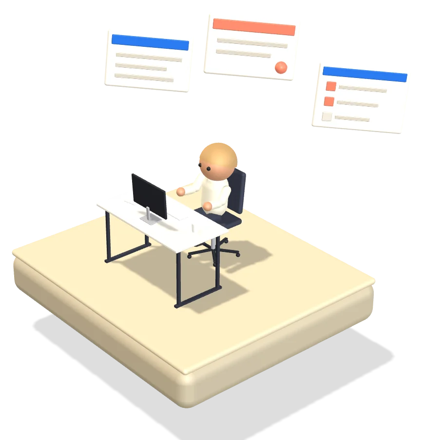 A desk with a morning brief, inbox and task cards floating above it