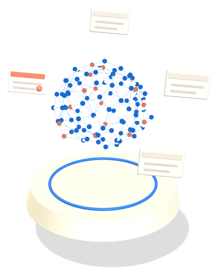 The shared brain with update cards orbiting it, one highlighted